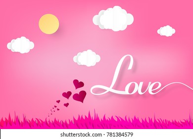 Origami and valentines day consept. Paper art of love calligraphy and lettering with cloud. Vector Art and Illustration