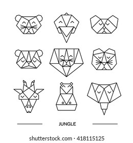 Origami vector animals. Animal triangle heads. Vector origami animals. Geometric line design icon set. Vector origami animals for tattoo or coloring book. Vector origami jungle animals collection. 