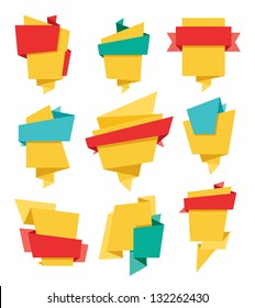 Origami vector banners set for advertising, presentation, infographic, booklet, website and other projects. Design elements. Polygonal badges with ribbons. Speech bubbles. 