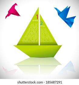 Origami vector design option icon set with boat and flying birds.