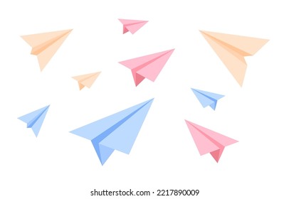 Origami vector flat illustration isolated on white background.Collection of multicolored isometric paper planes.Travel, route,mail,send letter symbol.Graphic design, pattern, banner, website page
