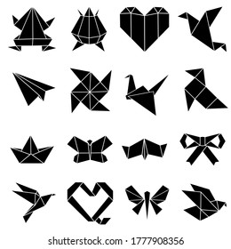 Origami vector icon set. Paper crane, frog, bird illustration sign collection. japan symbol.