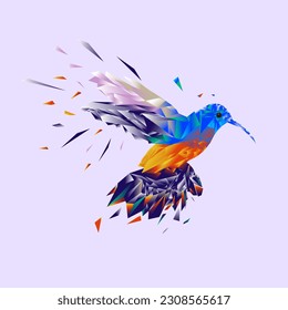 origami vector illustration. colorful flying colibri on a purple background