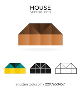 Logo vectorial de origami con casa. Logotipo aislado en diferentes variaciones. Logotipo de degradado, color, negro y contorno. 