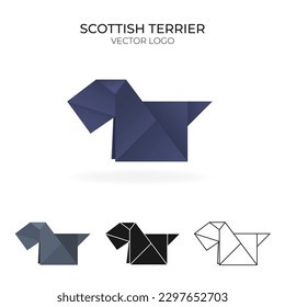 Logo vectorial de origami con aterrador escocés. Logotipo aislado en diferentes variaciones. Logotipo de degradado, color, negro y contorno. 