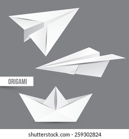 Origami vector set. Airplane, ship. White paper design.