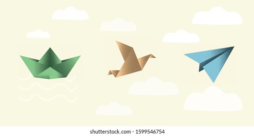 Origami vector set banner, ship, bird and plane colorful with grain shadow 