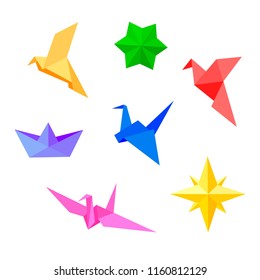 Origami. Vector set of color paper figures: star, birds, ship.