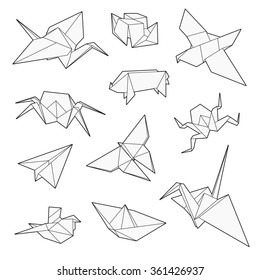 Origami vector set, Crane, bird, boat, paper plane. Un-expanded strokes