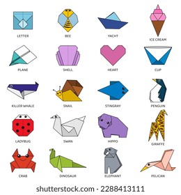 Origami vector set of different colorful objects.