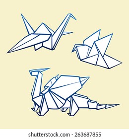 Origami vector set. Origami: dragon, crane, pigeon. 