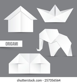 Origami vector set. House, ship and elephant. White paper design