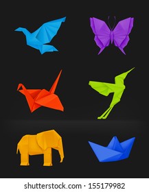 Origami vector set on black, multicolored