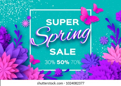 Origami violet Super Spring Sale Flowers. Butterfly. Paper cut Floral card. Spring blossom. Happy Womens Day. 8 March. Text. Seasonal holiday on blue. Spring Sale Poster, Flyer, voucher discount.