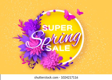 Origami violet Super Spring Sale Flowers Banner. Butterfly. Paper cut Floral card. Spring blossom. Happy Womens Day. 8 March. Text. Seasonal holiday on yellow. Flyer, voucher discount.