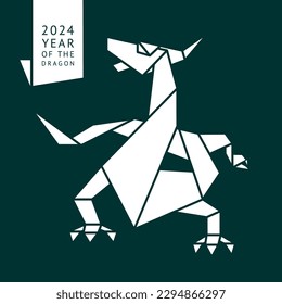 Origami water dragon made white paper, 2024 Year, for New Year's greetings and Christmas design, simple vector illustration 10EPS
