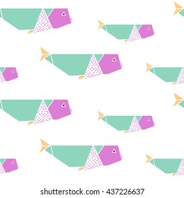 Origami whales seamless pattern. Japanese background. Geometrical style. Vector illustration.