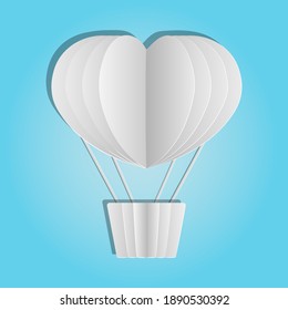 Origami white hot air balloon isolated on blue background. Paper art craft balloon gondola. Air transport. Paper art style. Worldwide travel, air journey, time travel concept.Stock vector illustration
