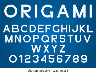 Origami, white paper alphabet and numbers with shadow.