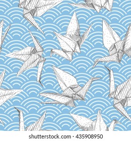 Origami white paper cranes set sketch seamless pattern. gray line Nature oriental background with japanese wave circle pattern pastel colors on green blue background. Vector