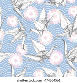 Origami white paper cranes set sketch seamless pattern. gray line Nature oriental  japanese pink Sakura flowers wave circle pattern pastel colors on blue background. Vector