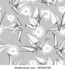 Origami white paper cranes set sketch seamless pattern. gray line Nature oriental background with japanese Sakura flowers pastel colors on gray background. Vector