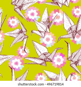 Origami white paper cranes set sketch seamless pattern. Nature oriental background with japanese Sakura flowers and birds pastel colors on light green background. Vector