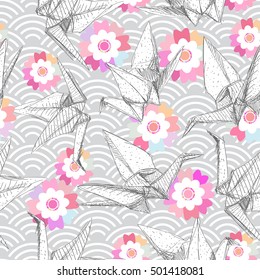 Origami white paper cranes set sketch seamless pattern. gray line Nature oriental japanese pink Sakura flowers wave circle pattern pastel colors on gray background. Vector