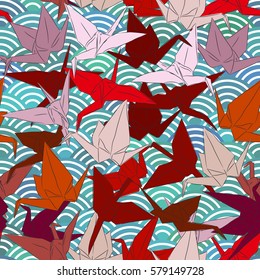Origami white paper cranes set sketch seamless pattern. line Nature oriental background with japanese wave circle pattern burgundy maroon pink brown colors on green blue background. Vector