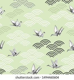 Origami white paper cranes sketch seamless pattern. Gray black white line on green Nature oriental background with japanese wave circle. Can be used for Gift wrap, fabrics, wallpapers. Vector 
