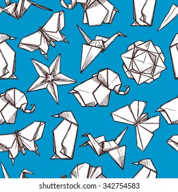 Origami white paper folded figures on blue background souvenirs presents wrap paper seamless pattern abstract vector illustration