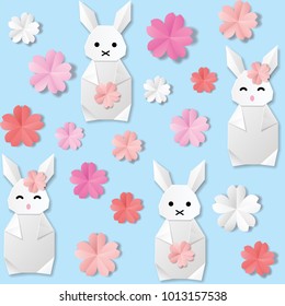 Origami white paper rabbit with flowers. Seamless background