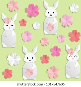 Origami white paper rabbit with flowers. Seamless background