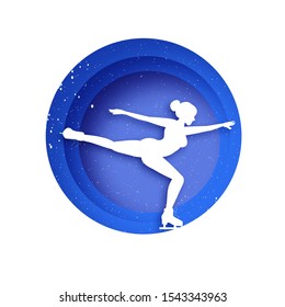 Origami white woman silhouette of figure skater on a white background. Ice skating in paper cut style. Winter sport time. Blue. Circle tunnel frame.