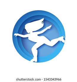 Origami white woman silhouette of figure skater on a white background. Ice skating in paper cut style. Winter sport time. Blue. Circle tunnel frame.