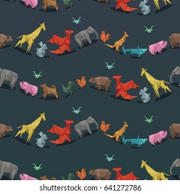 Origami wild paper animals creative decoration vector illustration seamless pattern