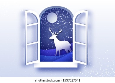 Origami window frame. Deer in paper cut style. Merry Christmas Greeting card. Winter season holidays. Happy New Year. Blue. Moon. Snowfall. Vector