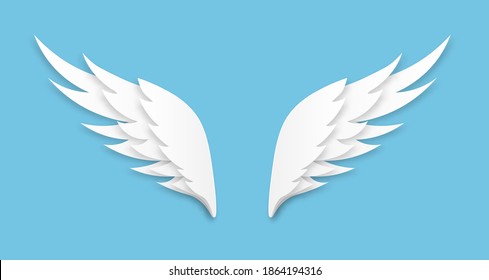 Origami Wings. White Paper Cut Angel Logo, Feathers Decoration Of Heaven Bird, Layered Papercut Angel Wings. Greeting Card With Handmade Origami Vector Magic Dream Artificial Background