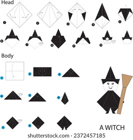 Origami A Witch. Head and Body. Halloween Decoration. Step by step Instruction.