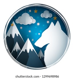 Origami wolf. Cartoon paper landscape. Vector eps 10