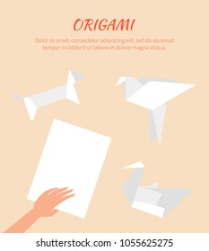 Origami works, cute vector paper animals group, illustration with text sample isolated on bright backdrop, origami dove and dog, swan and paper sheet