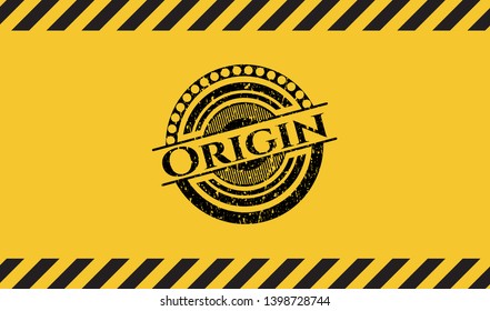 Origin black grunge emblem with yellow background. Vector Illustration. Detailed.