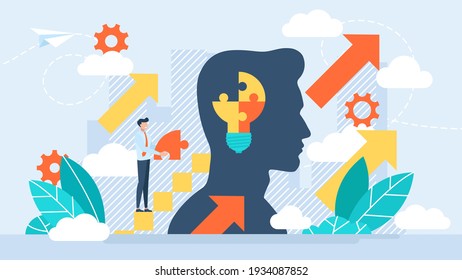 The origin of business ideas. Achieving the goal. Vector illustration, online assistant at work. promotion in the network. manager at remote work, searching for new ideas solutions