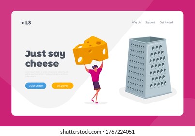 Origin Dairy Product Taste, Meal Landing Page Template. Tiny Female Character Grate Piece of Cheese on Huge Grater for Cooking Italian Pizza. Natural Farm Production. Cartoon Vector Illustration
