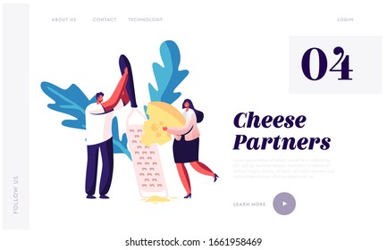 Origin Dairy Product Taste Website Landing Page. Characters Grate Piece of Fresh Cheese on Huge Grater. Natural Farm Production, Culinary Ingredient Web Page Banner. Cartoon Flat Vector Illustration