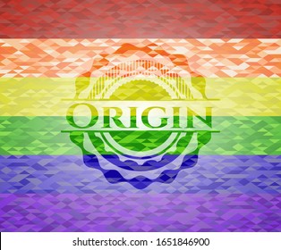 Símbolo de origen sobre fondo de mosaico con los colores de la bandera LGBT
