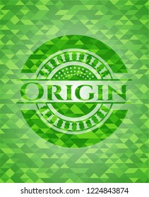 Origin green emblem. Mosaic background