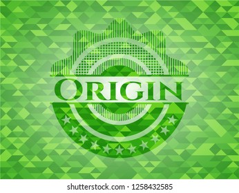 Origin green emblem with mosaic ecological style background