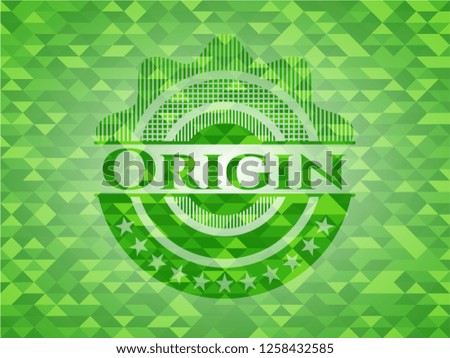 Origin green emblem with mosaic ecological style background