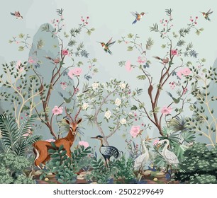 Origin Murals Chinoiserie Floral Tree Wall, Animals, Birds, Watercolor background.